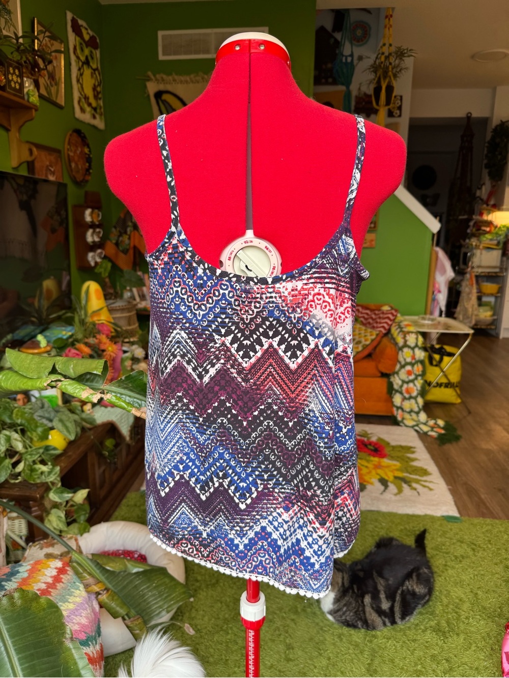 Women’s Blue & Red Printed Spaghetti Strap Tank Top